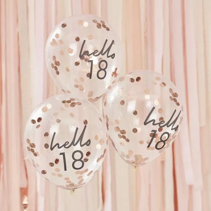 5 palloncini coriandoli Hello 18 in oro rosa 30 cm