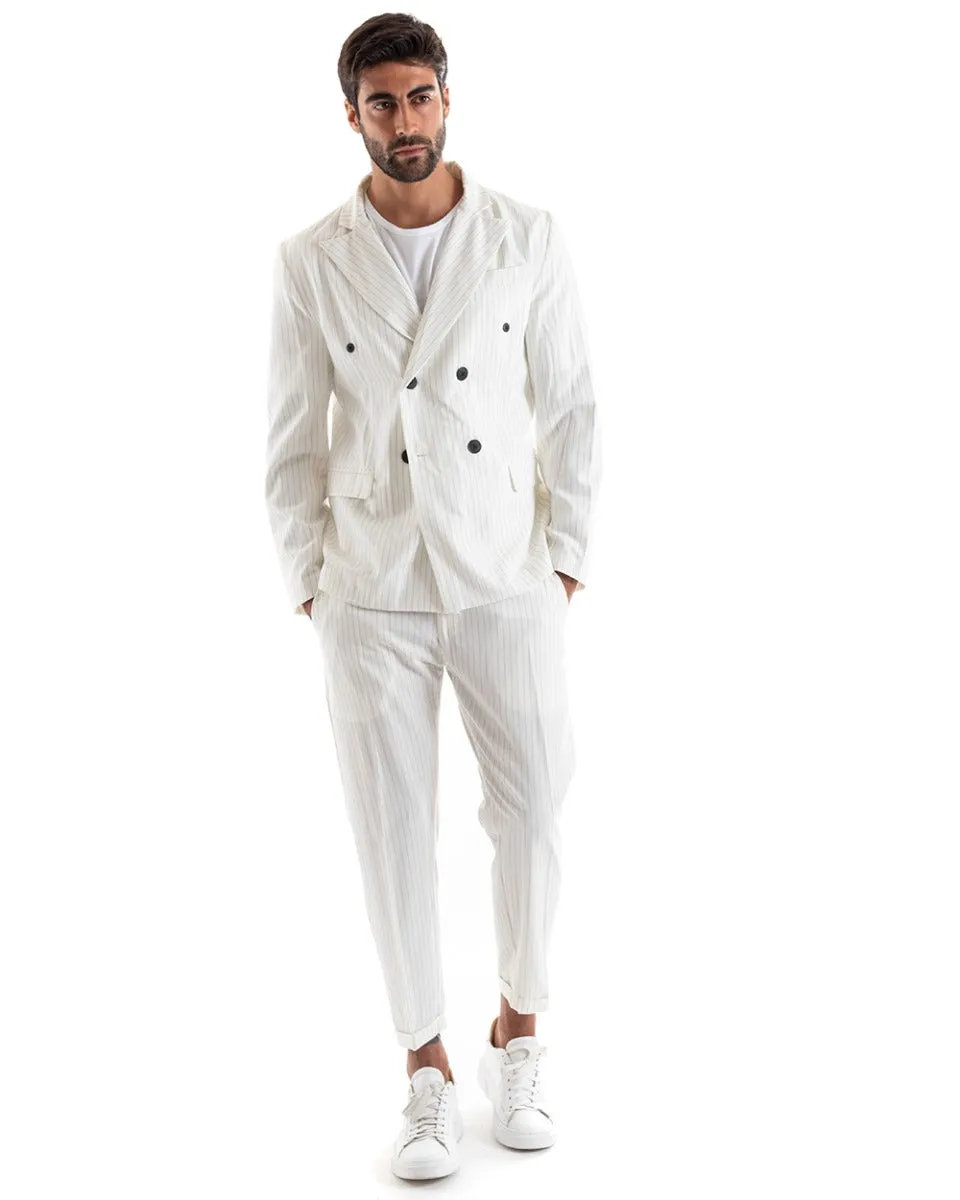 Abito Uomo Doppiopetto Vestito Viscosa Completo Giacca Pantaloni Bianco Gessato Rigato Elegante Cerimonia GIOSAL-OU2139A