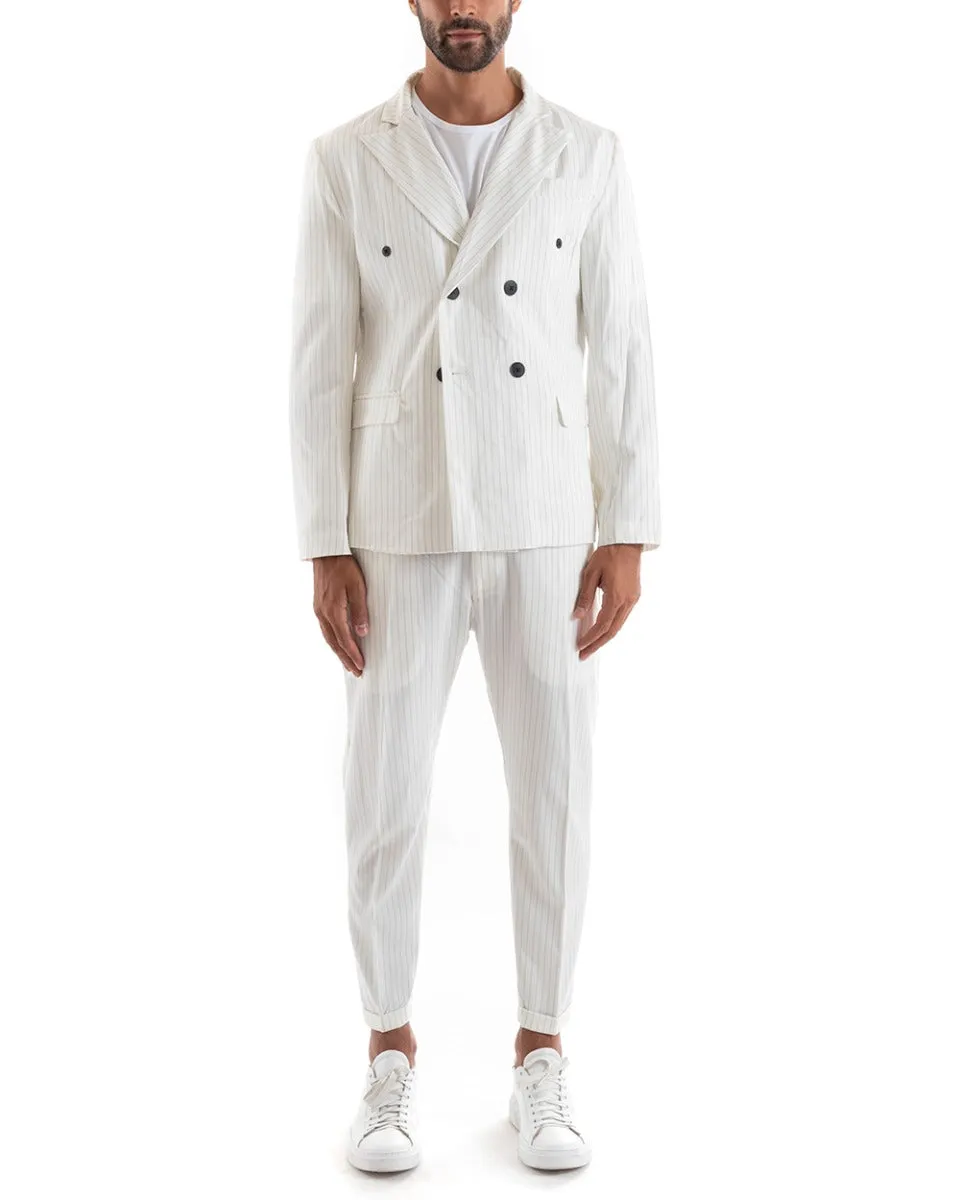 Abito Uomo Doppiopetto Vestito Viscosa Completo Giacca Pantaloni Bianco Gessato Rigato Elegante Cerimonia GIOSAL-OU2139A
