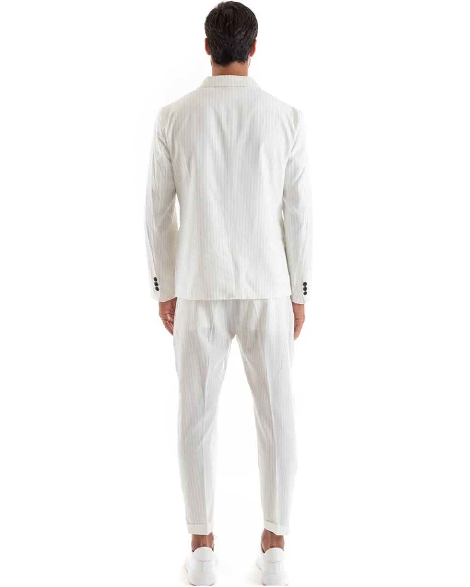Abito Uomo Doppiopetto Vestito Viscosa Completo Giacca Pantaloni Bianco Gessato Rigato Elegante Cerimonia GIOSAL-OU2139A