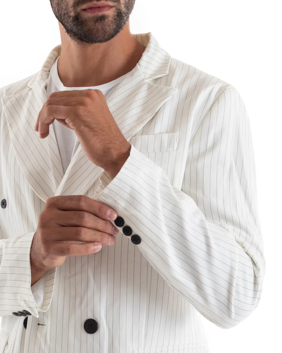 Abito Uomo Doppiopetto Vestito Viscosa Completo Giacca Pantaloni Bianco Gessato Rigato Elegante Cerimonia GIOSAL-OU2139A