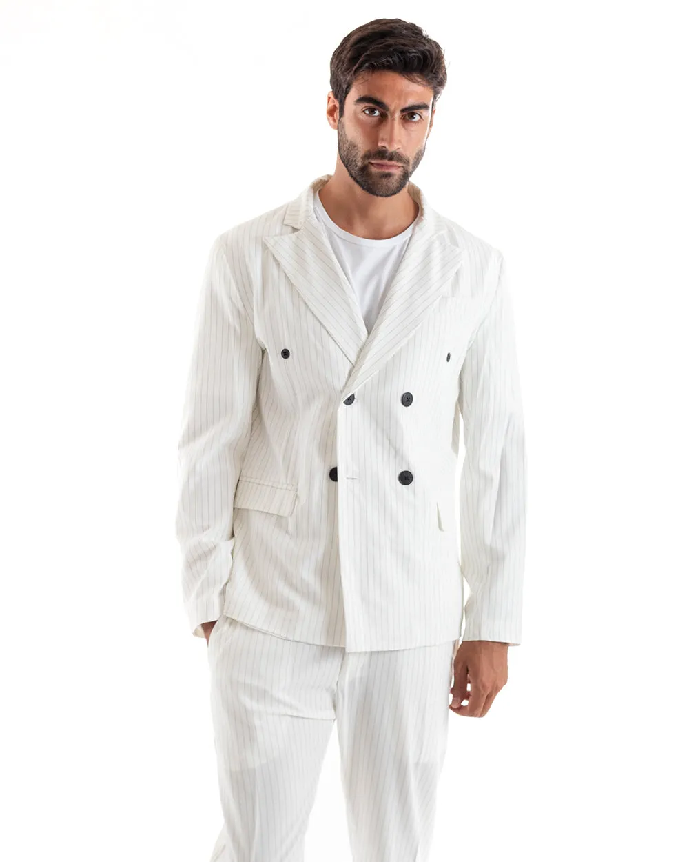 Abito Uomo Doppiopetto Vestito Viscosa Completo Giacca Pantaloni Bianco Gessato Rigato Elegante Cerimonia GIOSAL-OU2139A