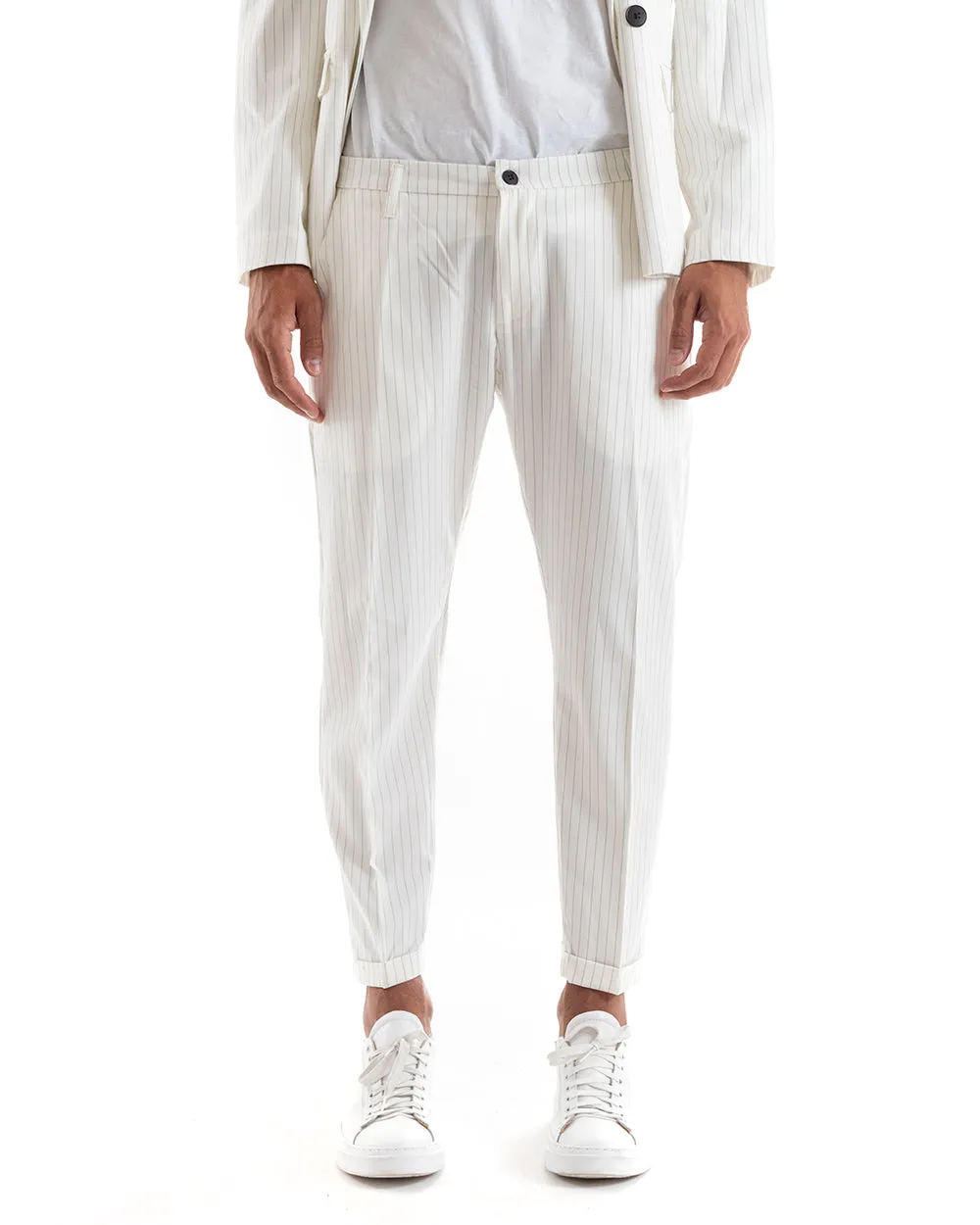 Abito Uomo Doppiopetto Vestito Viscosa Completo Giacca Pantaloni Bianco Gessato Rigato Elegante Cerimonia GIOSAL-OU2139A