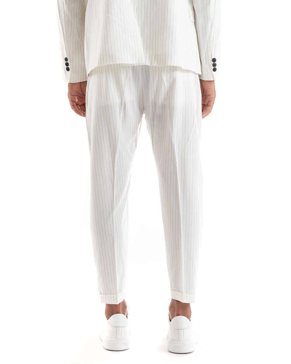 Abito Uomo Doppiopetto Vestito Viscosa Completo Giacca Pantaloni Bianco Gessato Rigato Elegante Cerimonia GIOSAL-OU2139A