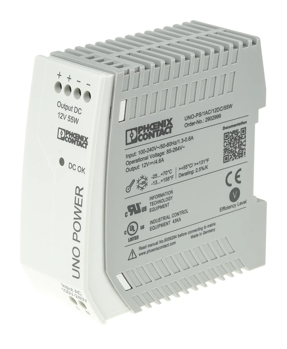 Alimentatore a montaggio su guida DIN Phoenix Contact, 12V cc, 4.6A, 85 → 264V ca, 55W