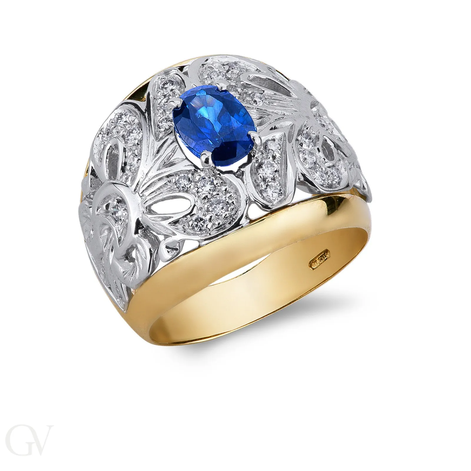 Anello in oro bianco e giallo 18k con zaffiro blu e diamanti