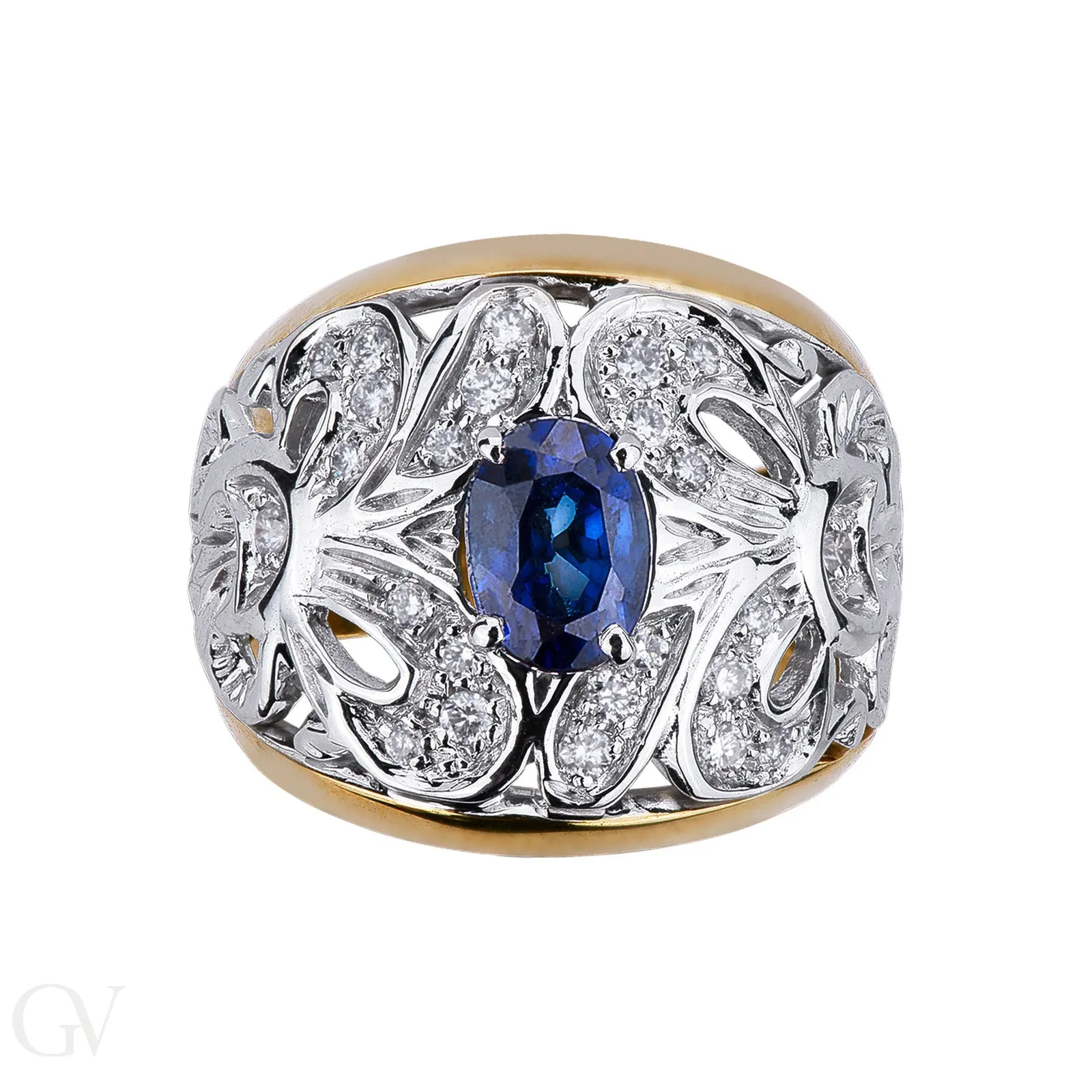 Anello in oro bianco e giallo 18k con zaffiro blu e diamanti