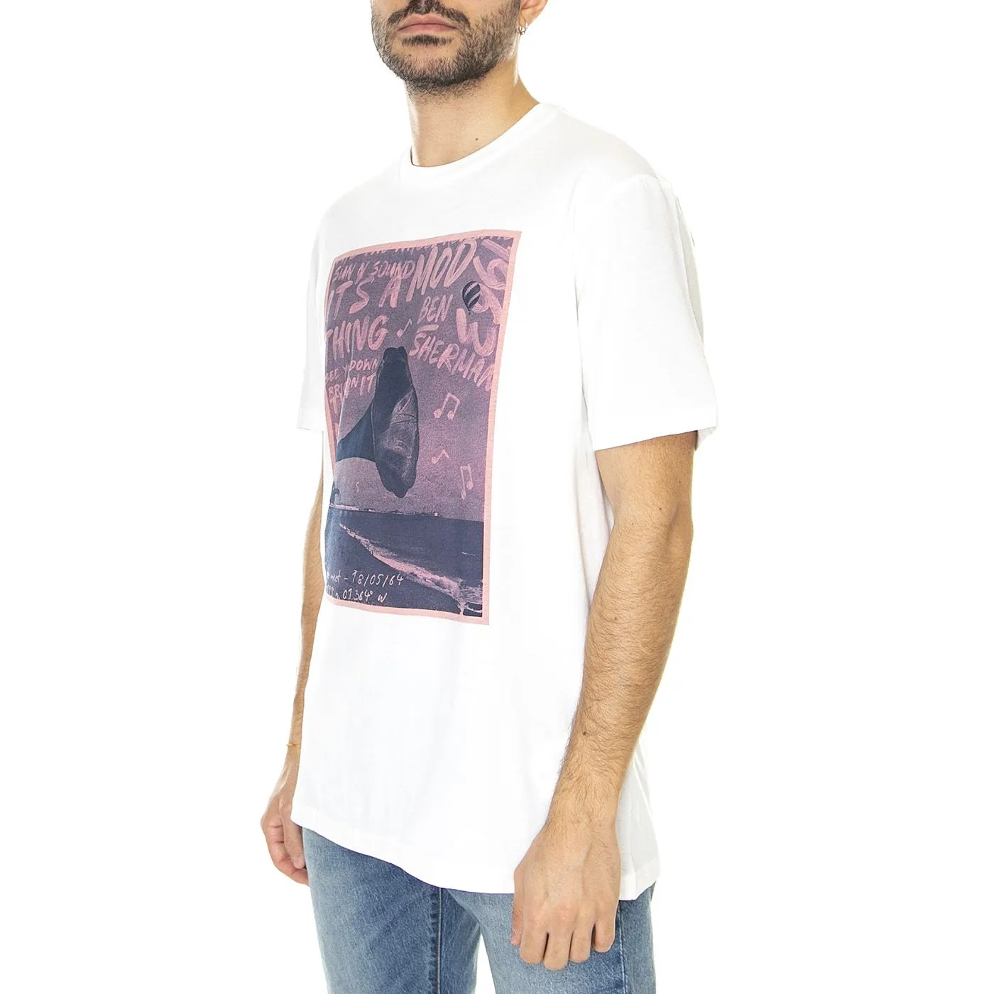 Ben Sherman Brighton Gramophone Tee Ivory - Maglietta Girocollo Uomo Bianca    