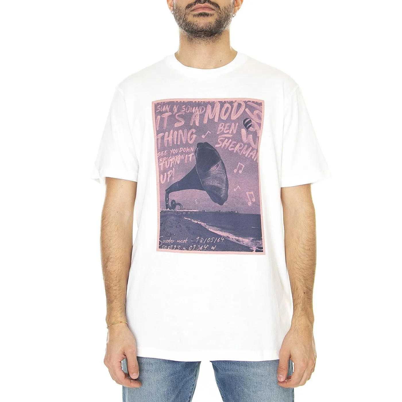 Ben Sherman Brighton Gramophone Tee Ivory - Maglietta Girocollo Uomo Bianca    