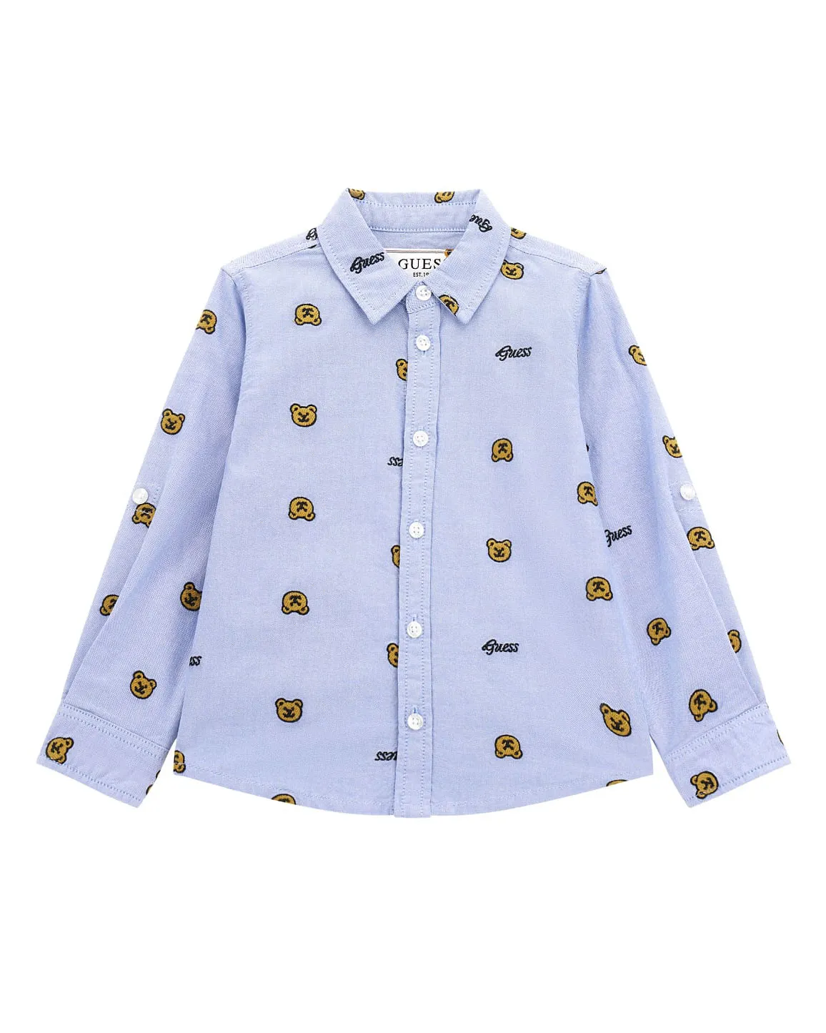 Camicia azzurra in cotone con orsetti ricamati all-over 9-24 mesi