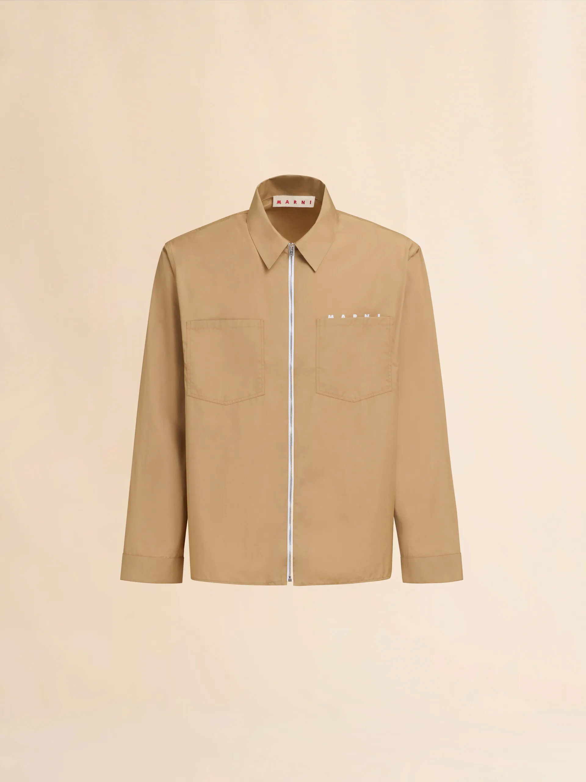 Camicia con zip in popeline biologico beige con logo nascosto