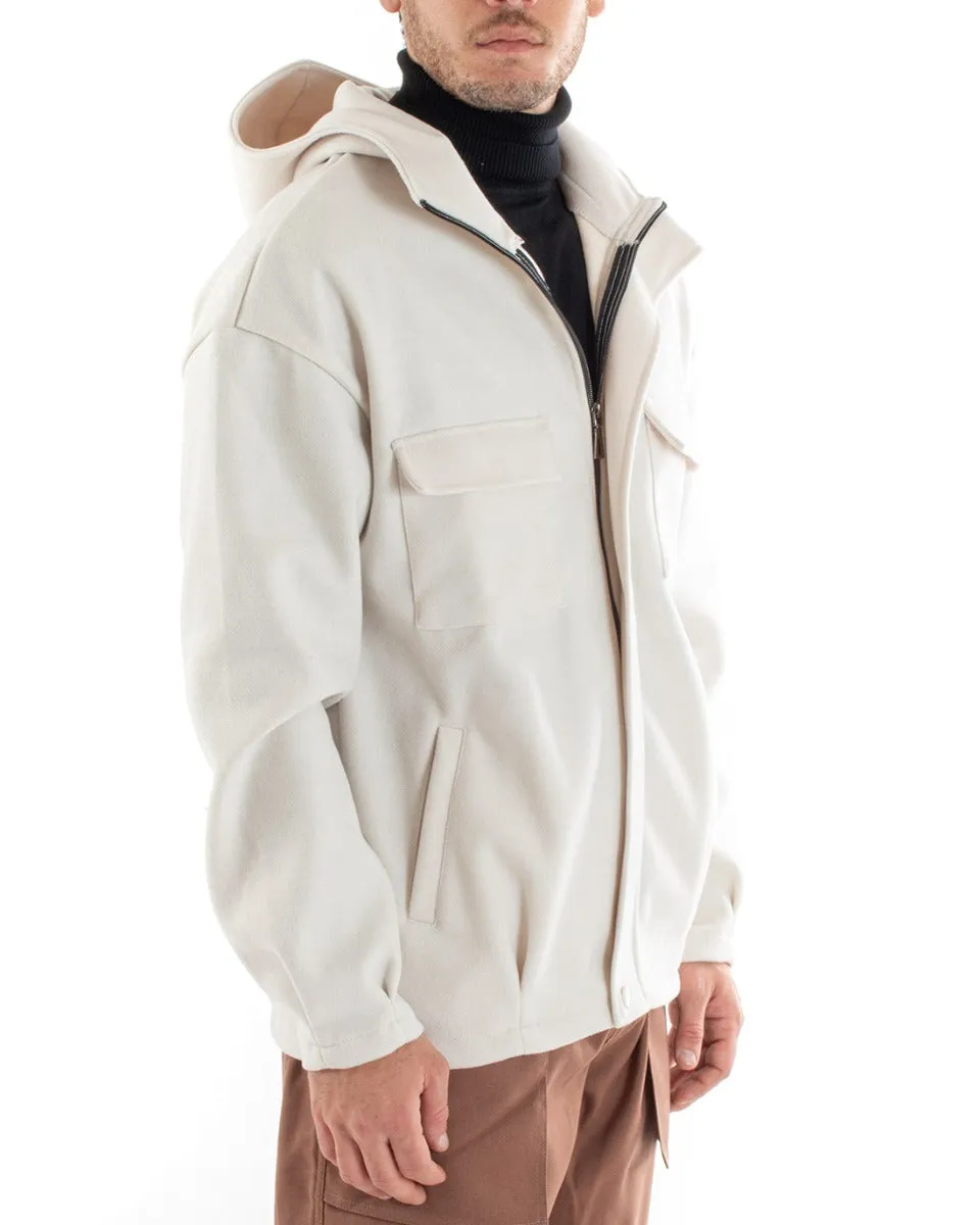 Cappotto Giubbotto Uomo Giacca Con Zip Camoscio Cappuccio Tinta Unita Panna Casual GIOSAL-G2948A