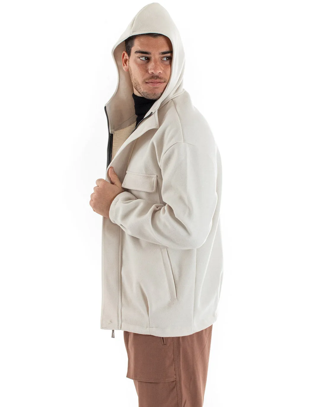Cappotto Giubbotto Uomo Giacca Con Zip Camoscio Cappuccio Tinta Unita Panna Casual GIOSAL-G2948A