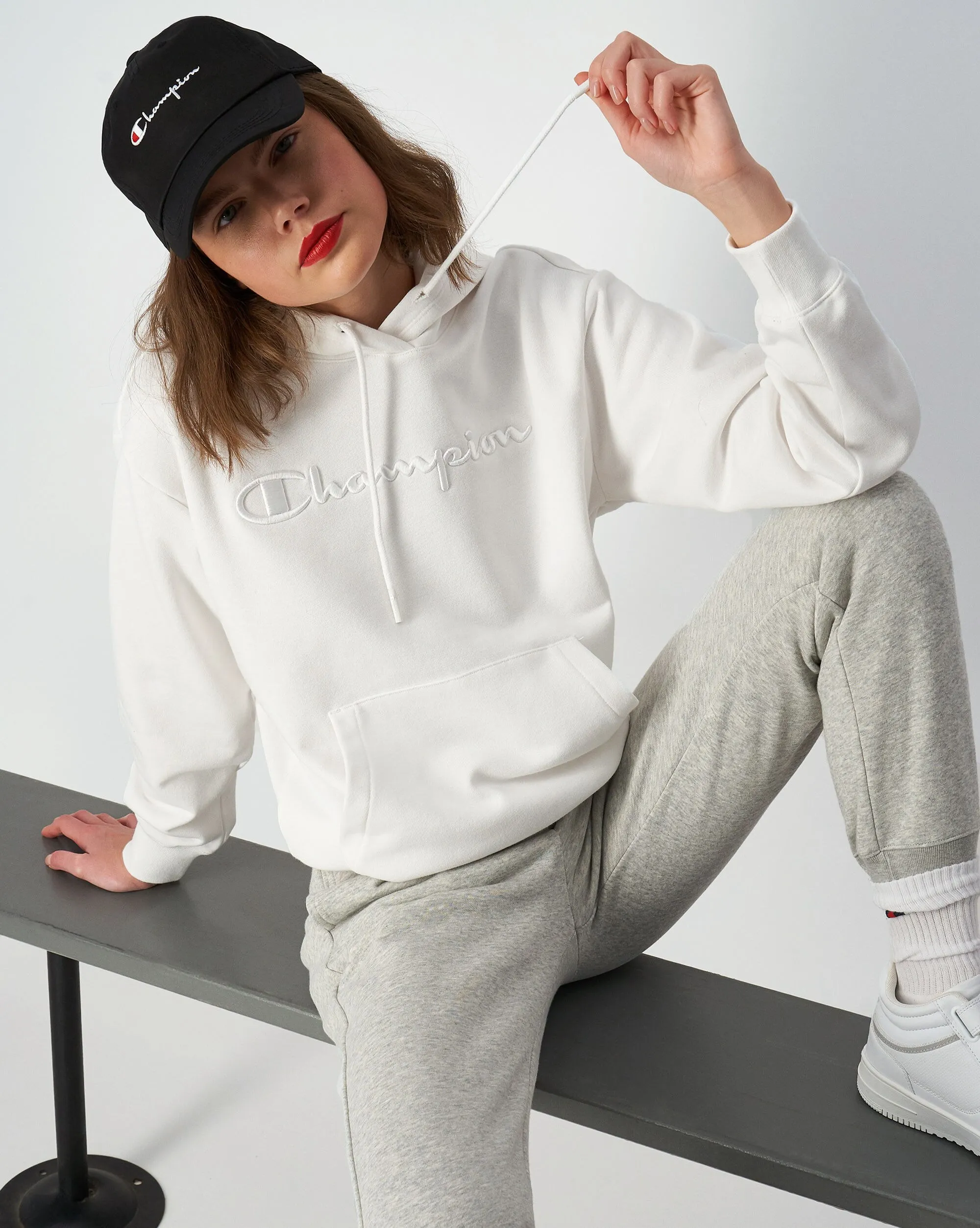 Champion Felpa Con Cappuccio e Logo Tono Su Tono Grigio Donna