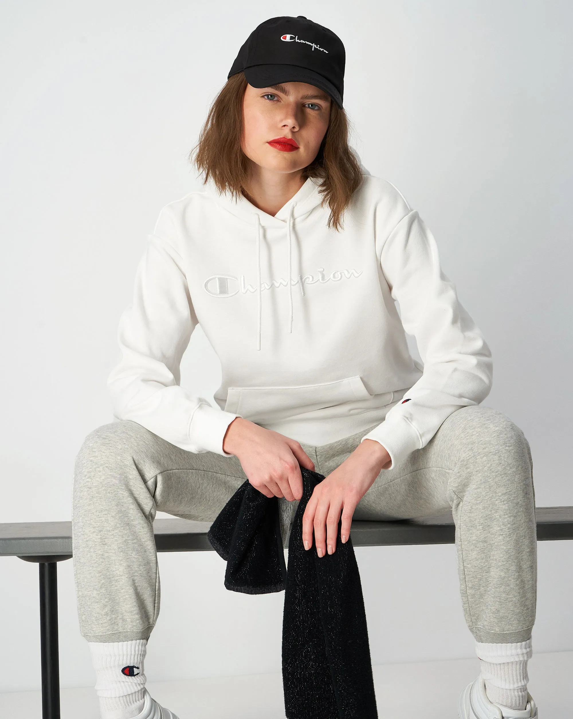 Champion Felpa Con Cappuccio e Logo Tono Su Tono Grigio Donna