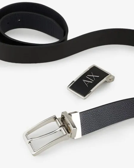 Cintura nera in pelle saffiano reversibile in pelle martellata con doppia fibbia applicabile
