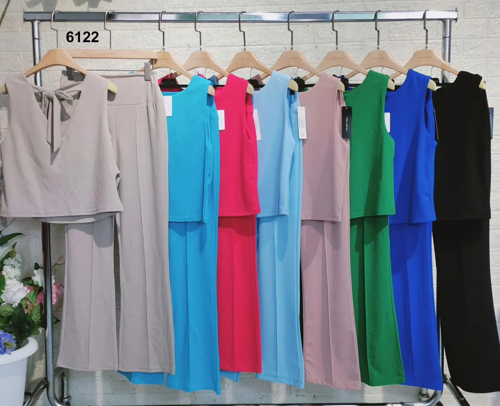 Completo Maglia Top con Fiocco Pantalone Zampa Coordinato Casual Elegante Coordinato in 7 Colori - 6122