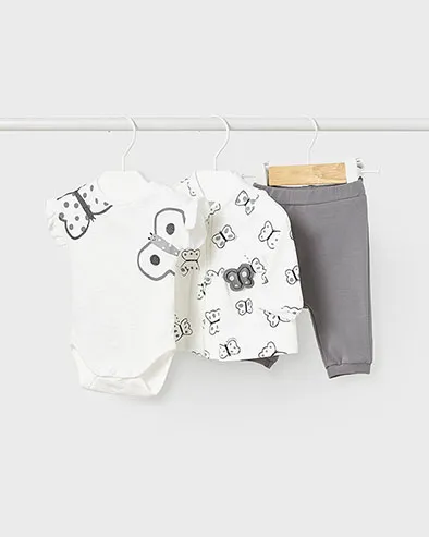 Completo tre pezzi composto da felpa body e pantalone grigio con motivo farfalle 6-18 mesi