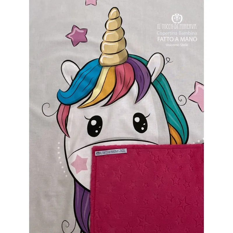 Copertina Bambina in Pile stelle fucsia e Cotone unicorno stelle - Fatto a Mano