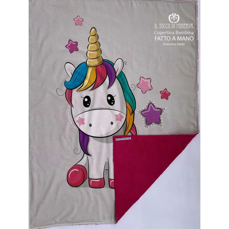 Copertina Bambina in Pile stelle fucsia e Cotone unicorno stelle - Fatto a Mano