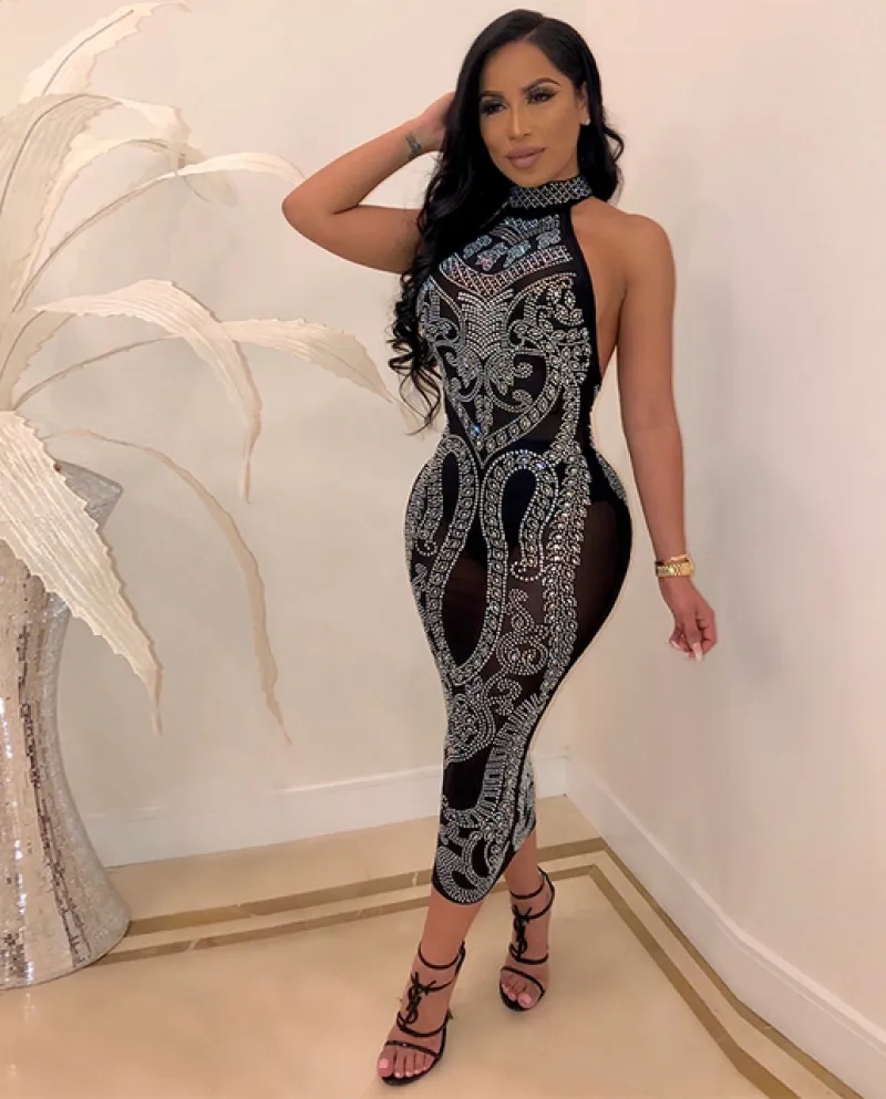 Cutuly Abito da donna in maglia trasparente con diamanti, senza maniche, collo alto, senza maniche, nero, abito da discoteca, ab