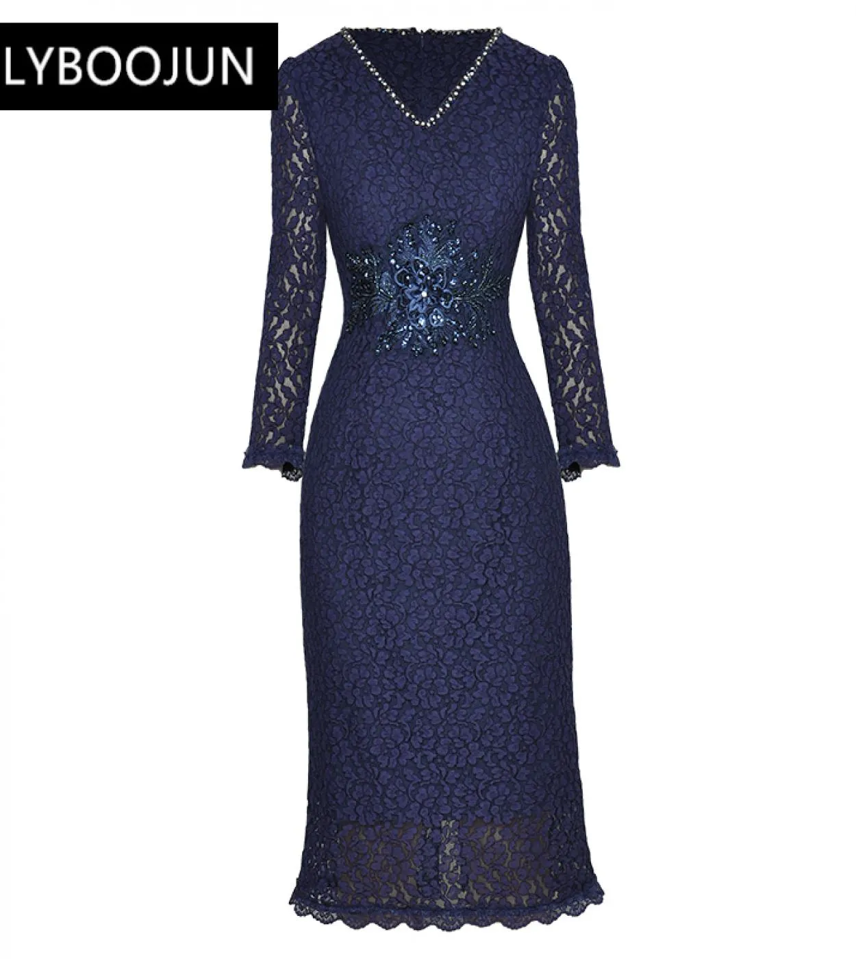 Designer Dress Women Luxury 2022 Runway Fashion Pizzo Matita Vneck Perline di cristallo Paillettes Appliques Vintage Party Midi