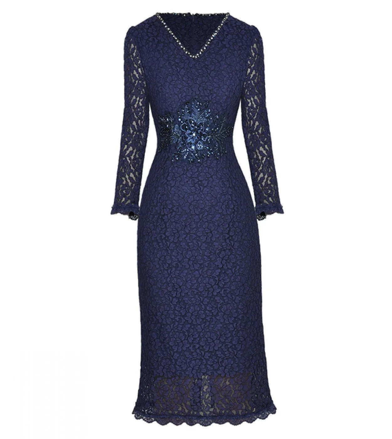 Designer Dress Women Luxury 2022 Runway Fashion Pizzo Matita Vneck Perline di cristallo Paillettes Appliques Vintage Party Midi