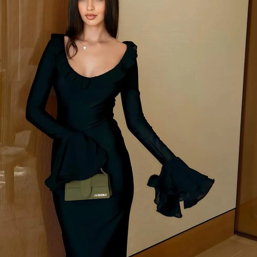 E abbigliamento 2023 autunno nuovo abito con maniche a campana moda ragazza calda temperamento a vita alta gonna a coda di pesce