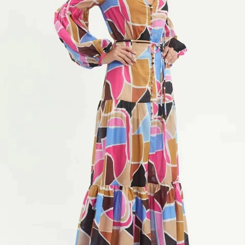 E gonna lunga alla moda con scollo a V maniche a lanterna design color block vita con lacci che dimagrisce 2023 autunno nuovo st