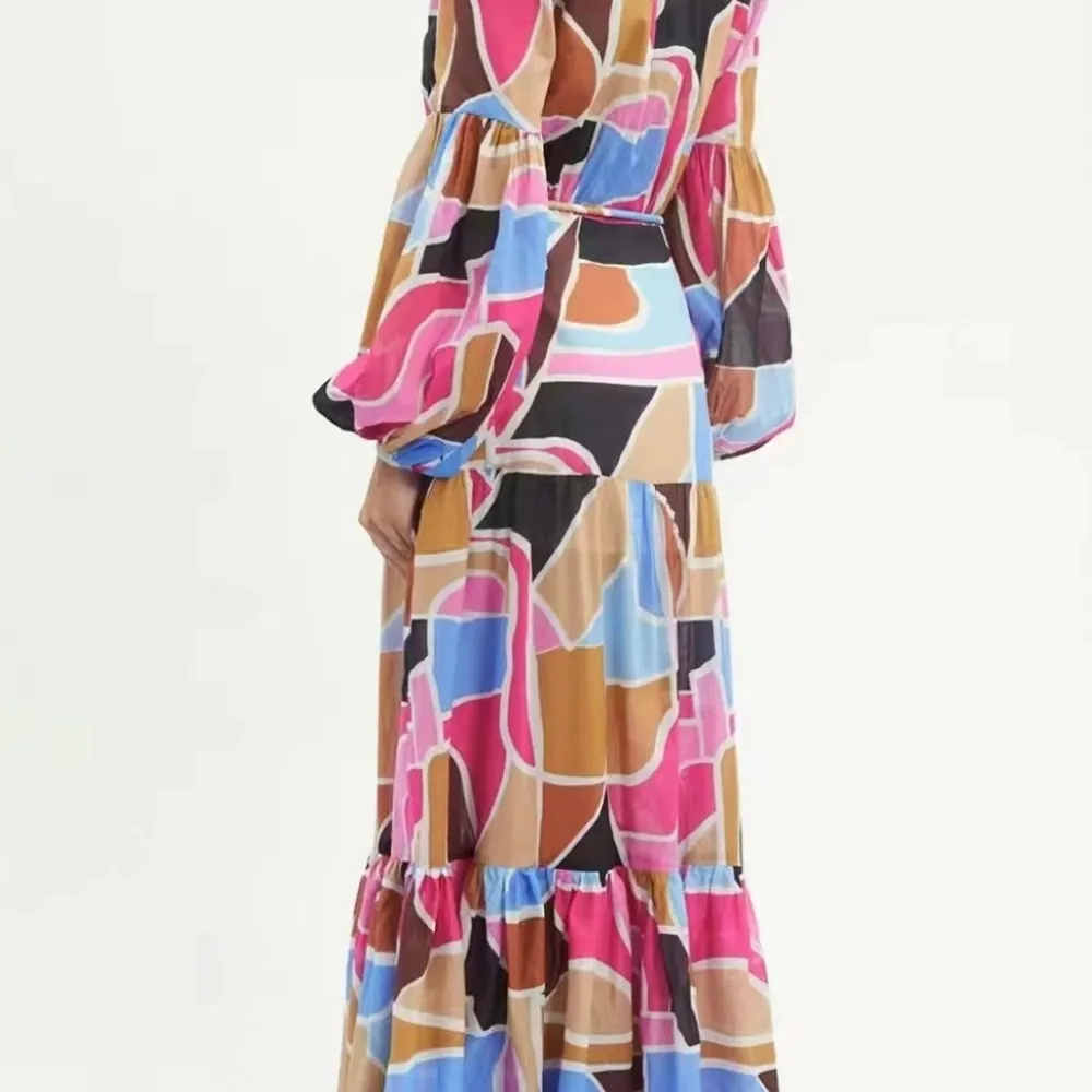 E gonna lunga alla moda con scollo a V maniche a lanterna design color block vita con lacci che dimagrisce 2023 autunno nuovo st