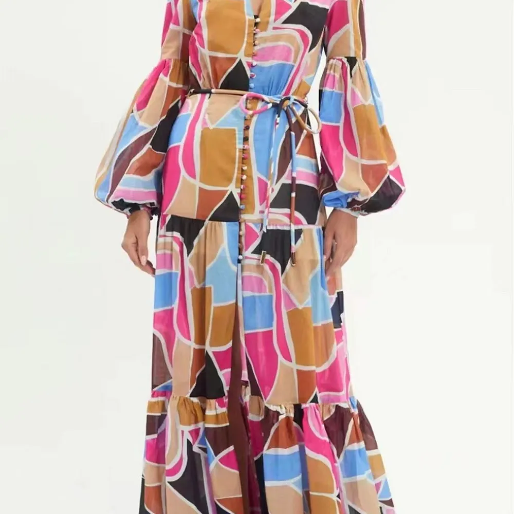 E gonna lunga alla moda con scollo a V maniche a lanterna design color block vita con lacci che dimagrisce 2023 autunno nuovo st