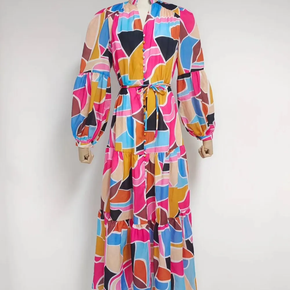 E gonna lunga alla moda con scollo a V maniche a lanterna design color block vita con lacci che dimagrisce 2023 autunno nuovo st