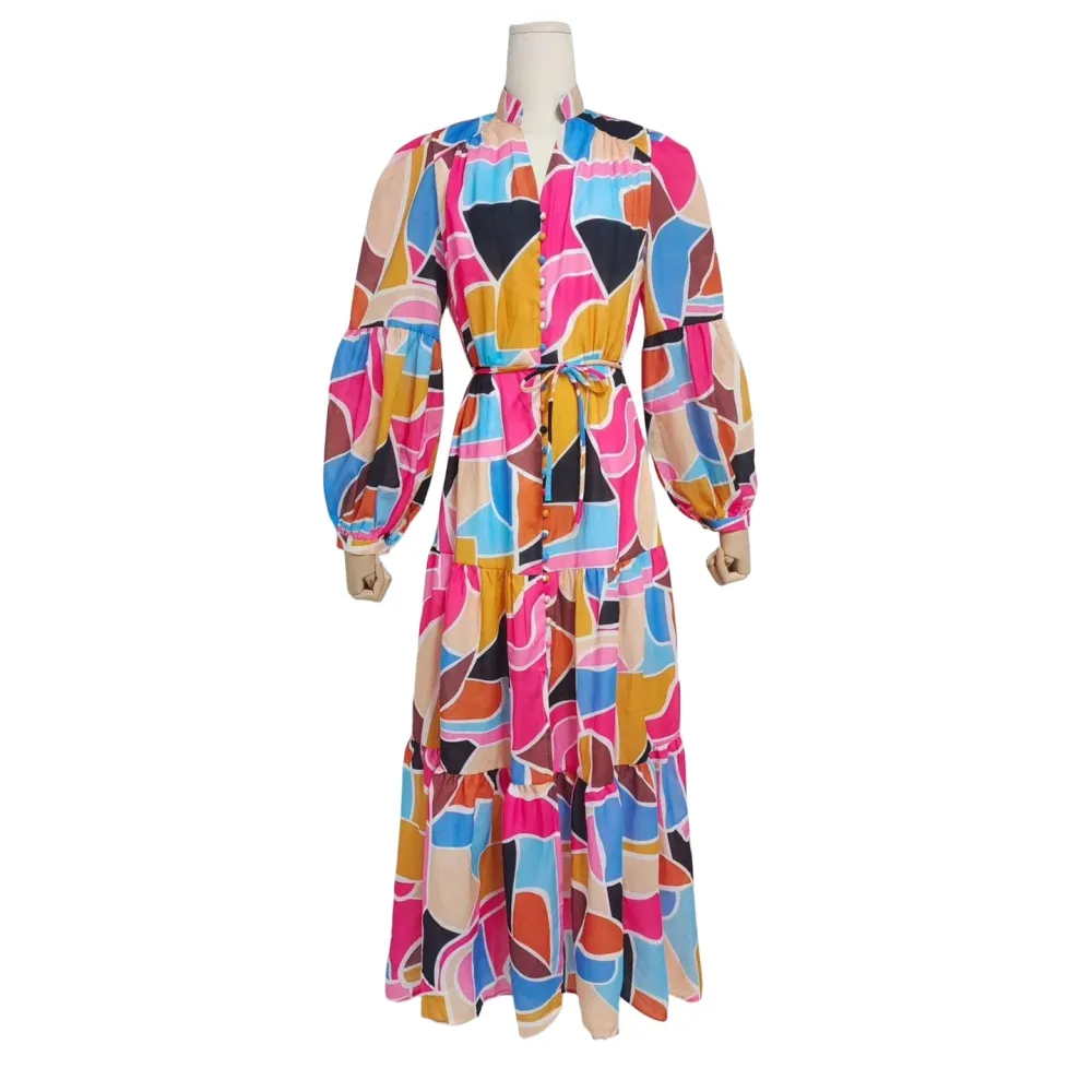 E gonna lunga alla moda con scollo a V maniche a lanterna design color block vita con lacci che dimagrisce 2023 autunno nuovo st