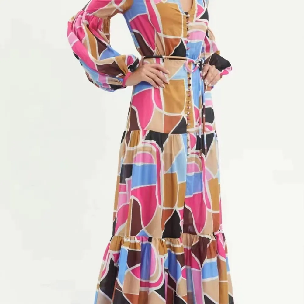 E gonna lunga alla moda con scollo a V maniche a lanterna design color block vita con lacci che dimagrisce 2023 autunno nuovo st