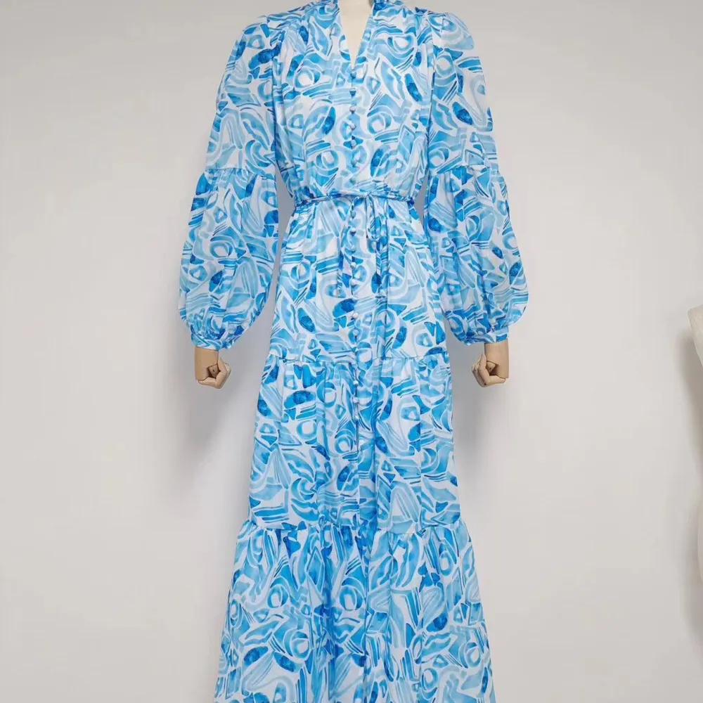 E gonna lunga alla moda con scollo a V maniche a lanterna design color block vita con lacci che dimagrisce 2023 autunno nuovo st