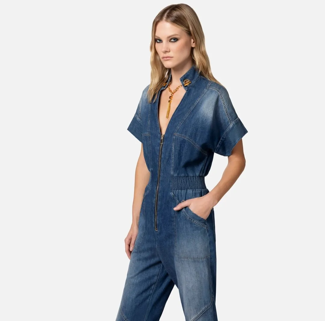 ELISABETTA FRANCHI Tuta in denim con gemello nello scollo