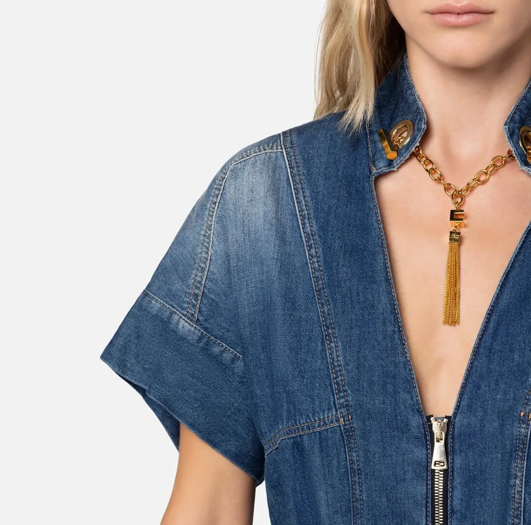 ELISABETTA FRANCHI Tuta in denim con gemello nello scollo