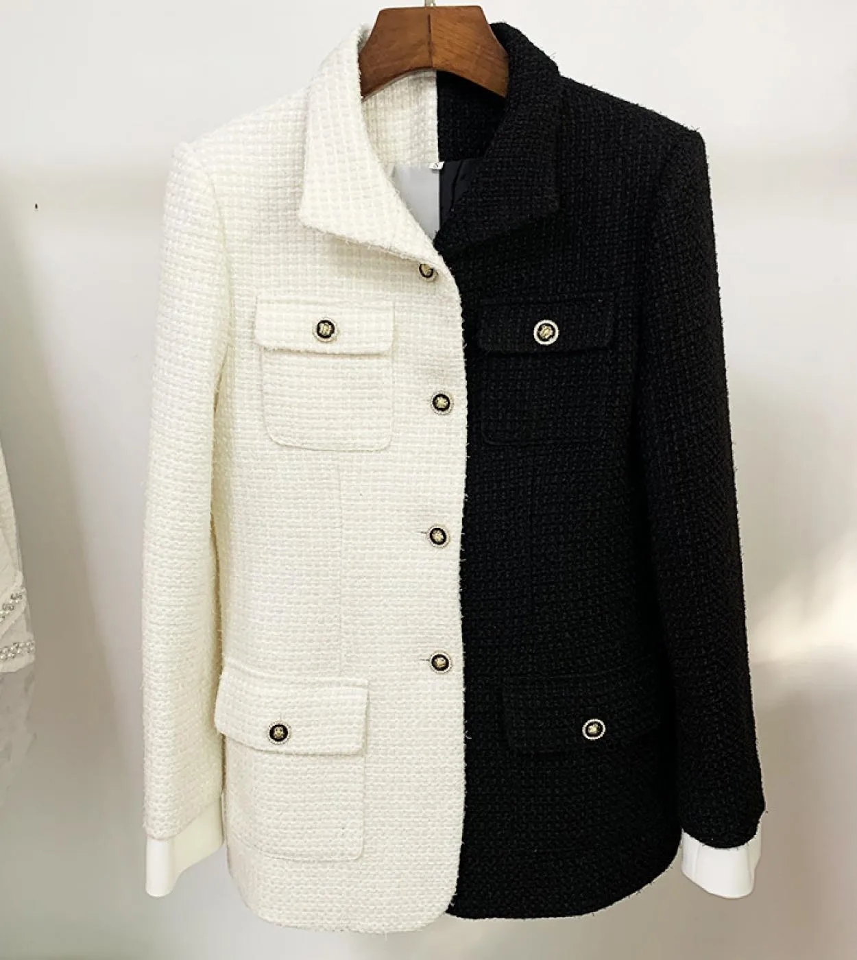 Giacche di lana di tweed di alta qualità Donna Autunno Inverno Nuova personalità Nero Bianco Colore di contrasto Giacche da donn