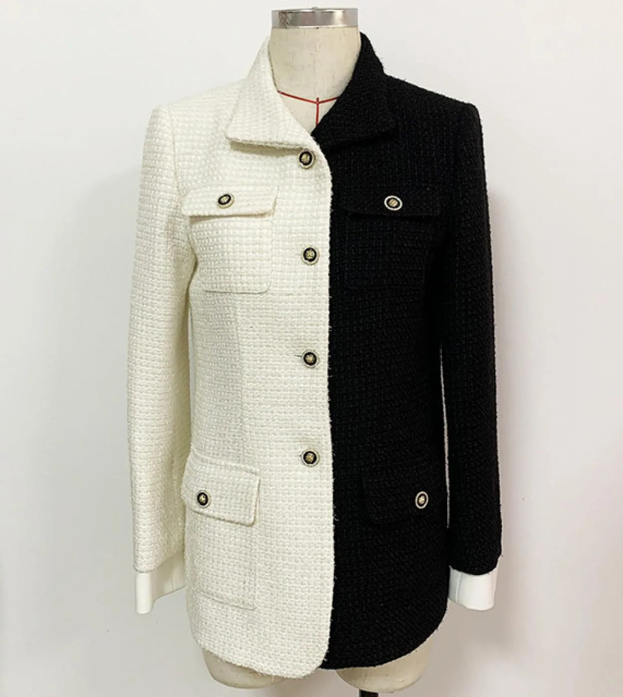 Giacche di lana di tweed di alta qualità Donna Autunno Inverno Nuova personalità Nero Bianco Colore di contrasto Giacche da donn