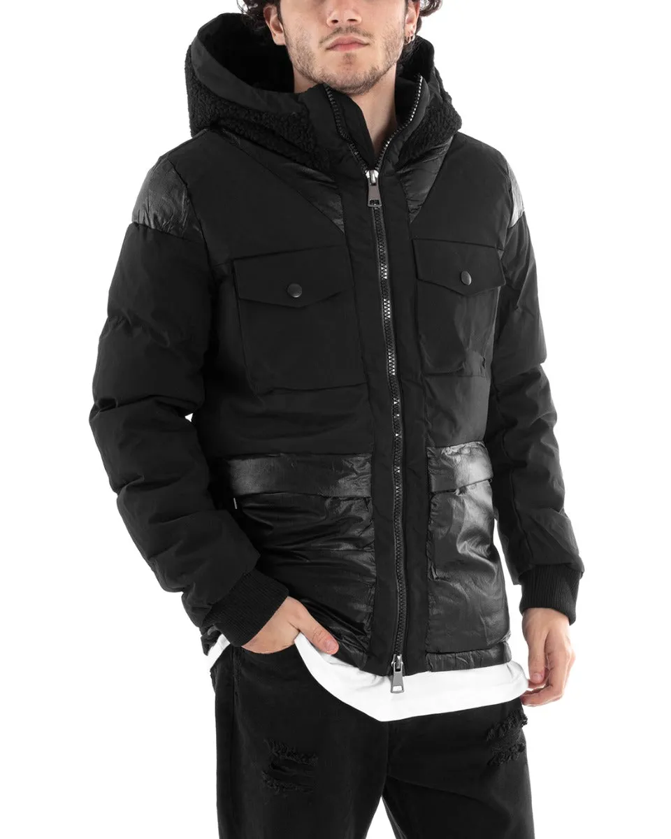 Giubbotto Uomo Bomber Lucido Tinta Unita Nero Tessuto Tecnico Casual GIOSAL-G3003A