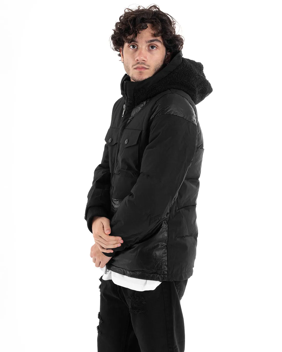 Giubbotto Uomo Bomber Lucido Tinta Unita Nero Tessuto Tecnico Casual GIOSAL-G3003A