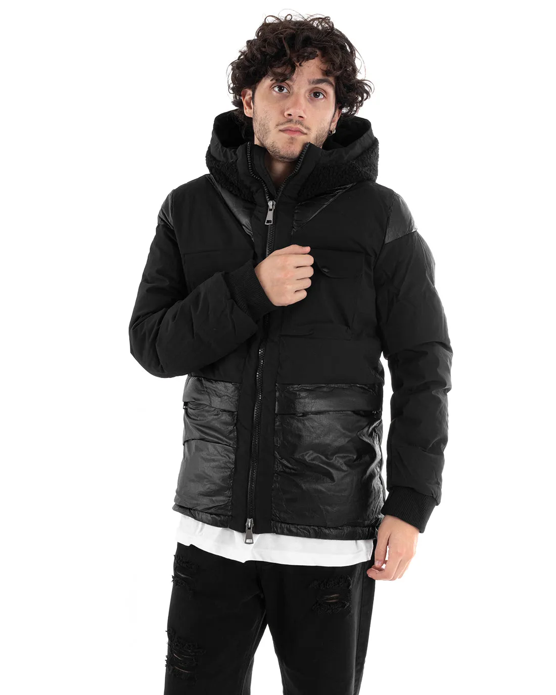 Giubbotto Uomo Bomber Lucido Tinta Unita Nero Tessuto Tecnico Casual GIOSAL-G3003A