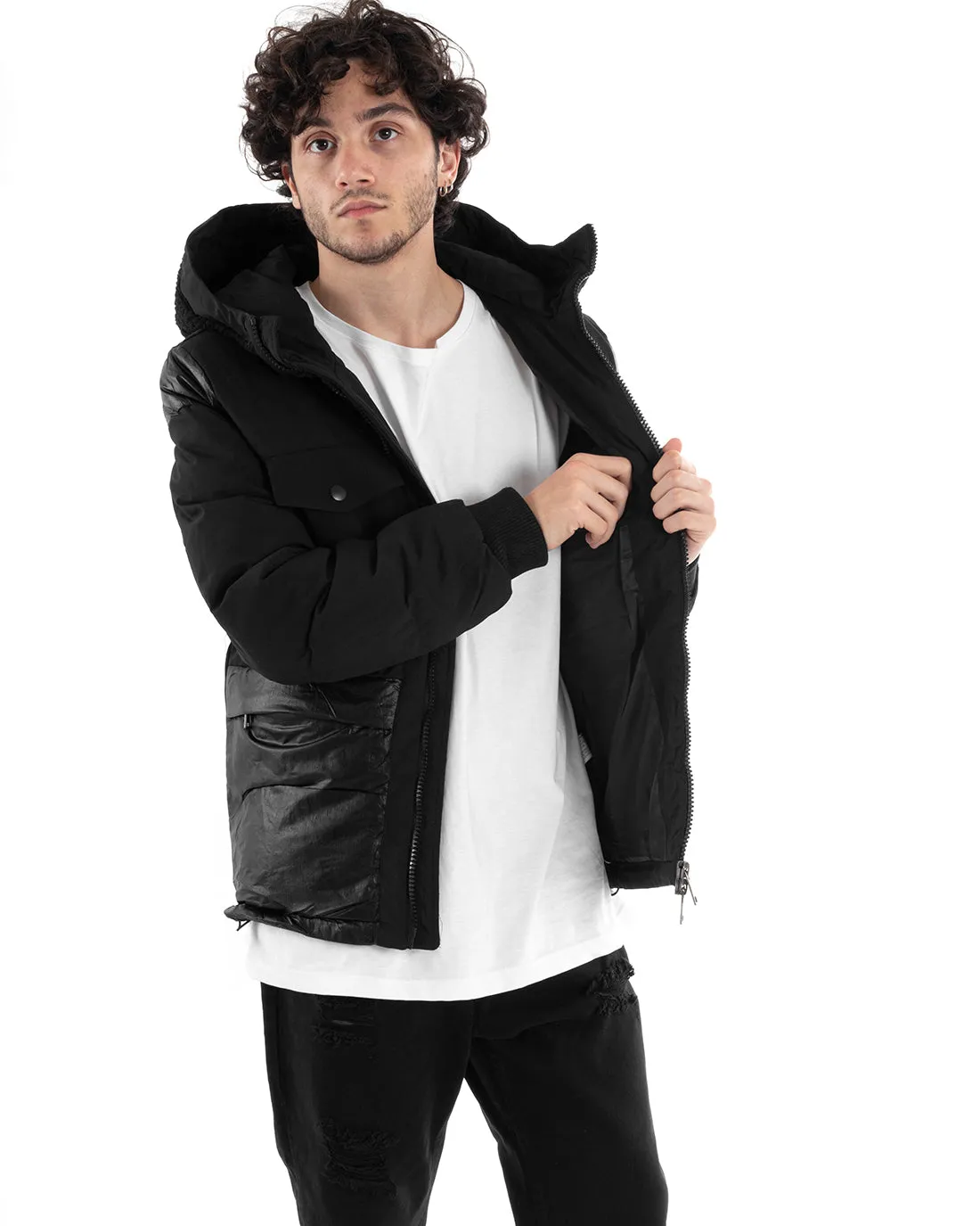 Giubbotto Uomo Bomber Lucido Tinta Unita Nero Tessuto Tecnico Casual GIOSAL-G3003A