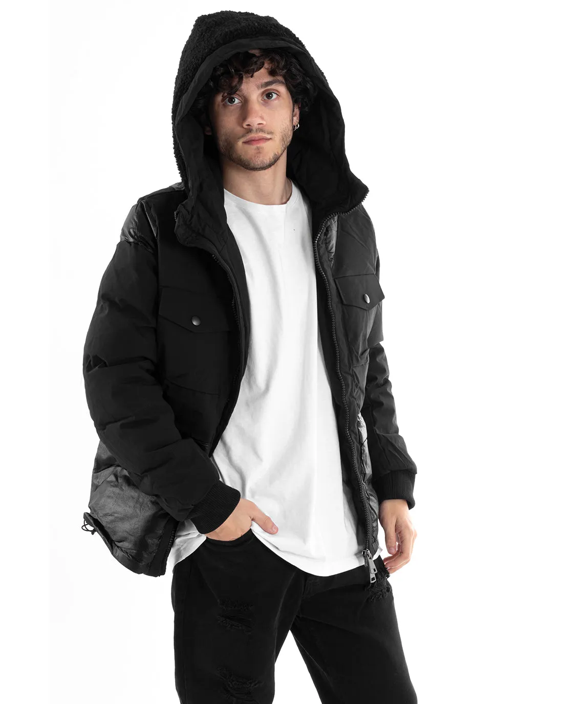 Giubbotto Uomo Bomber Lucido Tinta Unita Nero Tessuto Tecnico Casual GIOSAL-G3003A