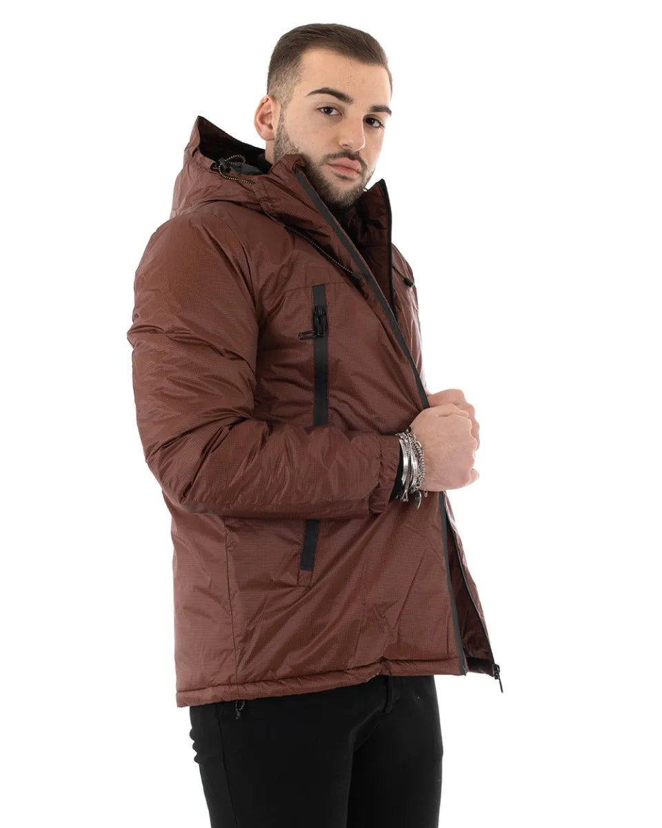 Giubbotto Uomo Tinta Unita Marrone Giacca Cappuccio Casual Zip GIOSAL-G2787A