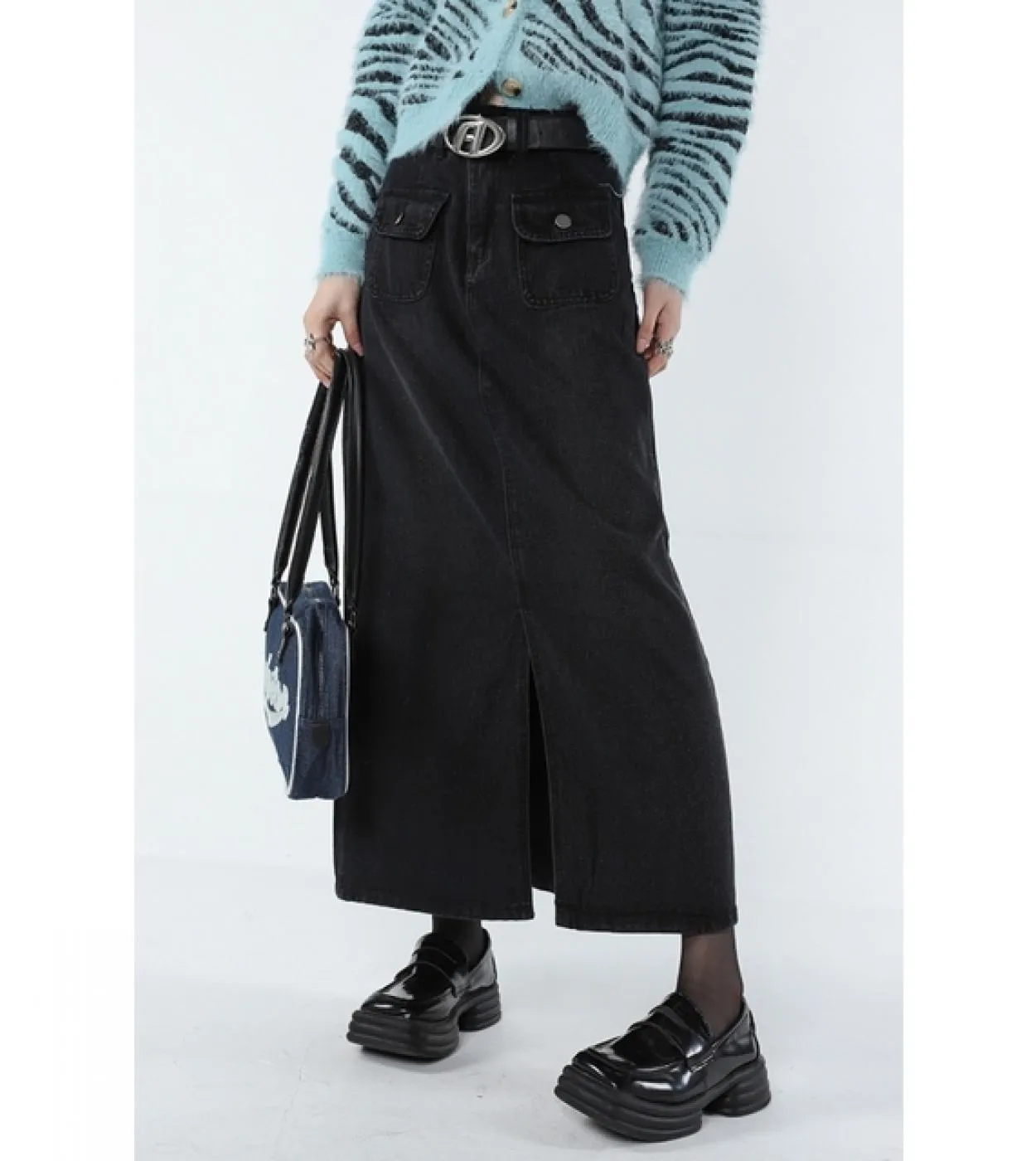 Gonna a metà corpo in denim nero da donna forcella divisa vita alta moda casual pantaloni di media lunghezza larghi sci lungo da