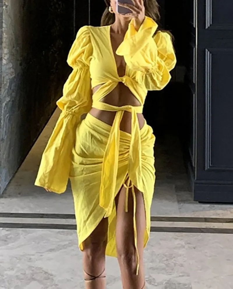 Gonna a vita con spacco tagliato alla moda da donna con maniche lunghe a lanterna con scollo a V, fasciatura da sera, abiti atti
