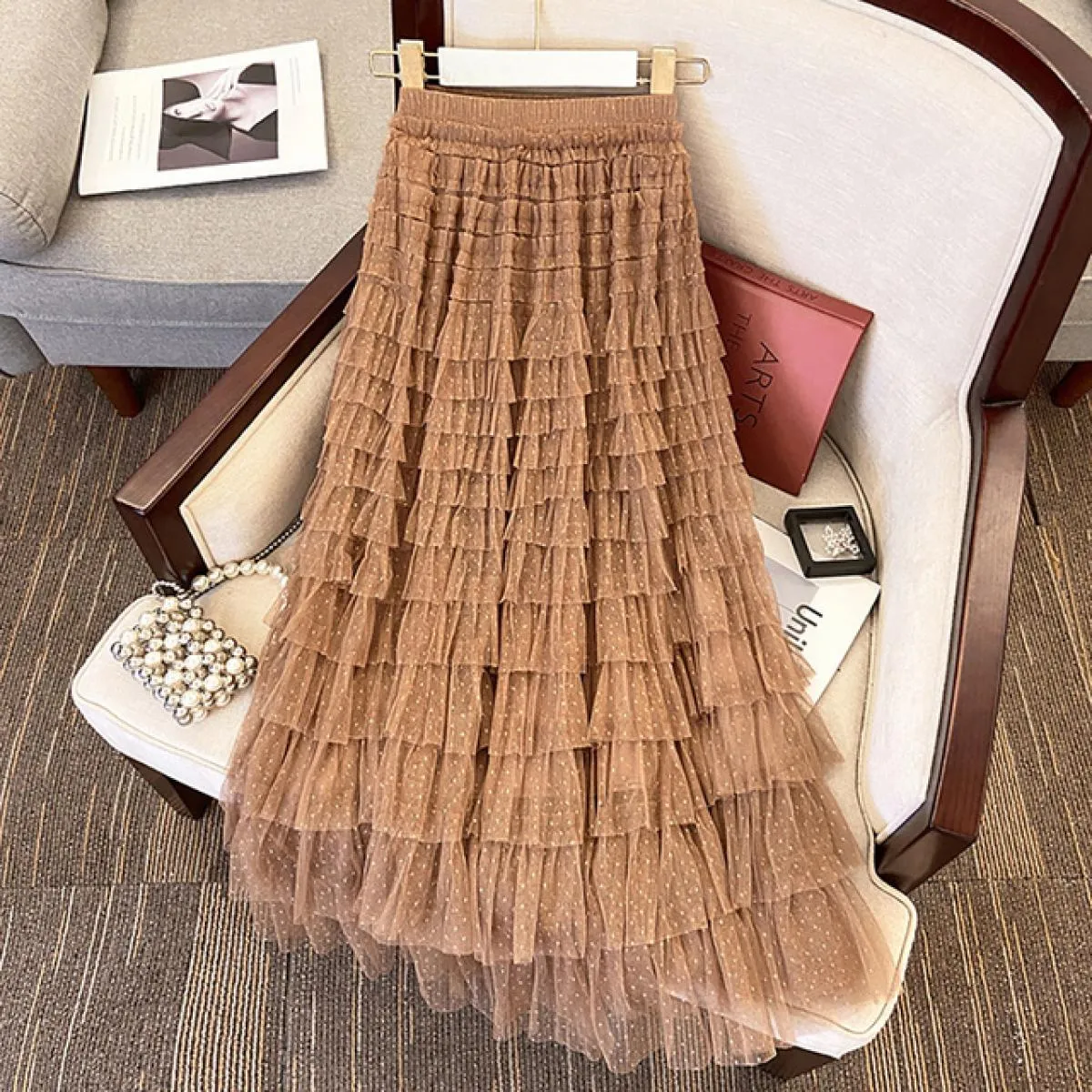Gonne lunghe da donna in tulle di pizzo dolce da donna Moda elastico in vita a strati con volant in maglia gonna a strati nera 2