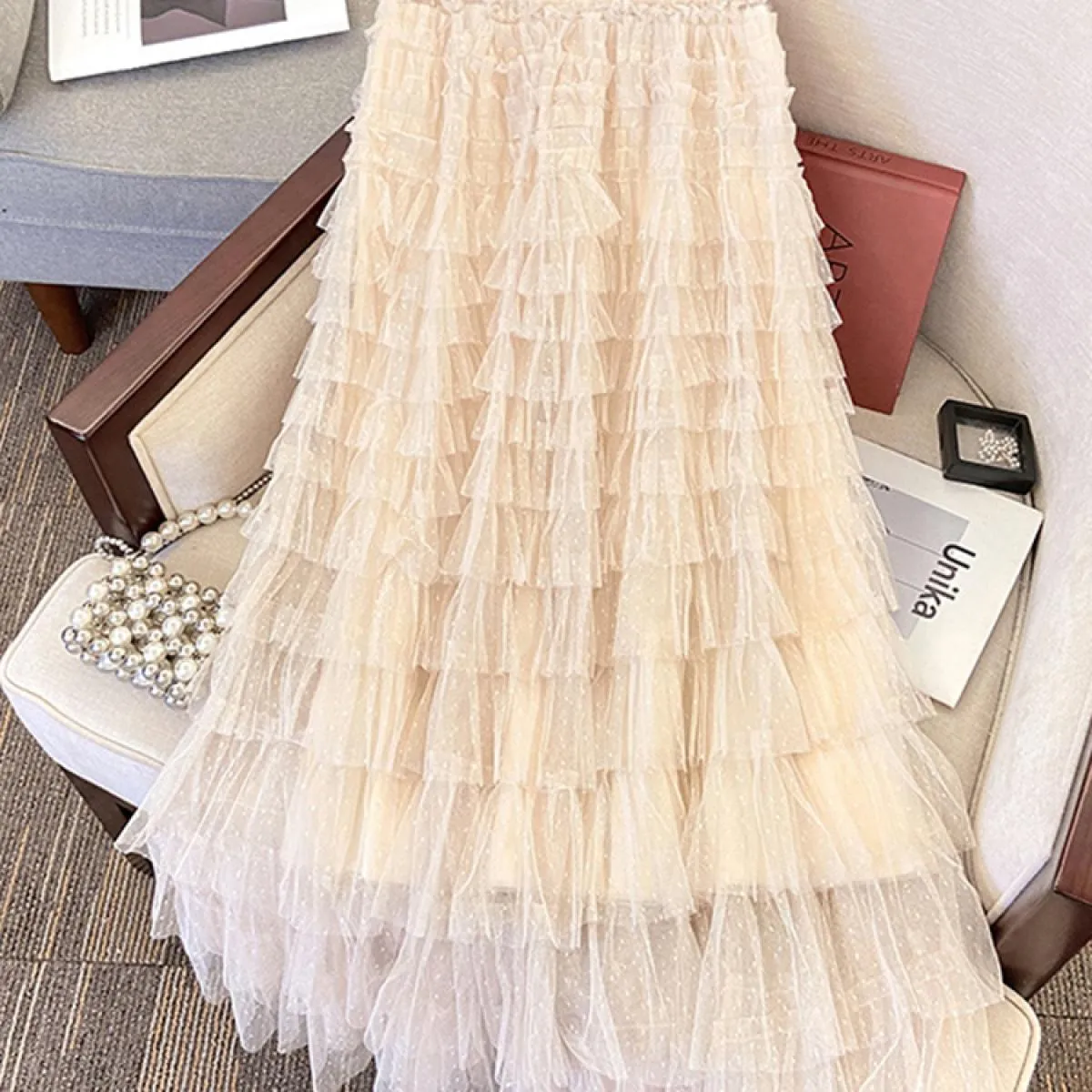 Gonne lunghe da donna in tulle di pizzo dolce da donna Moda elastico in vita a strati con volant in maglia gonna a strati nera 2