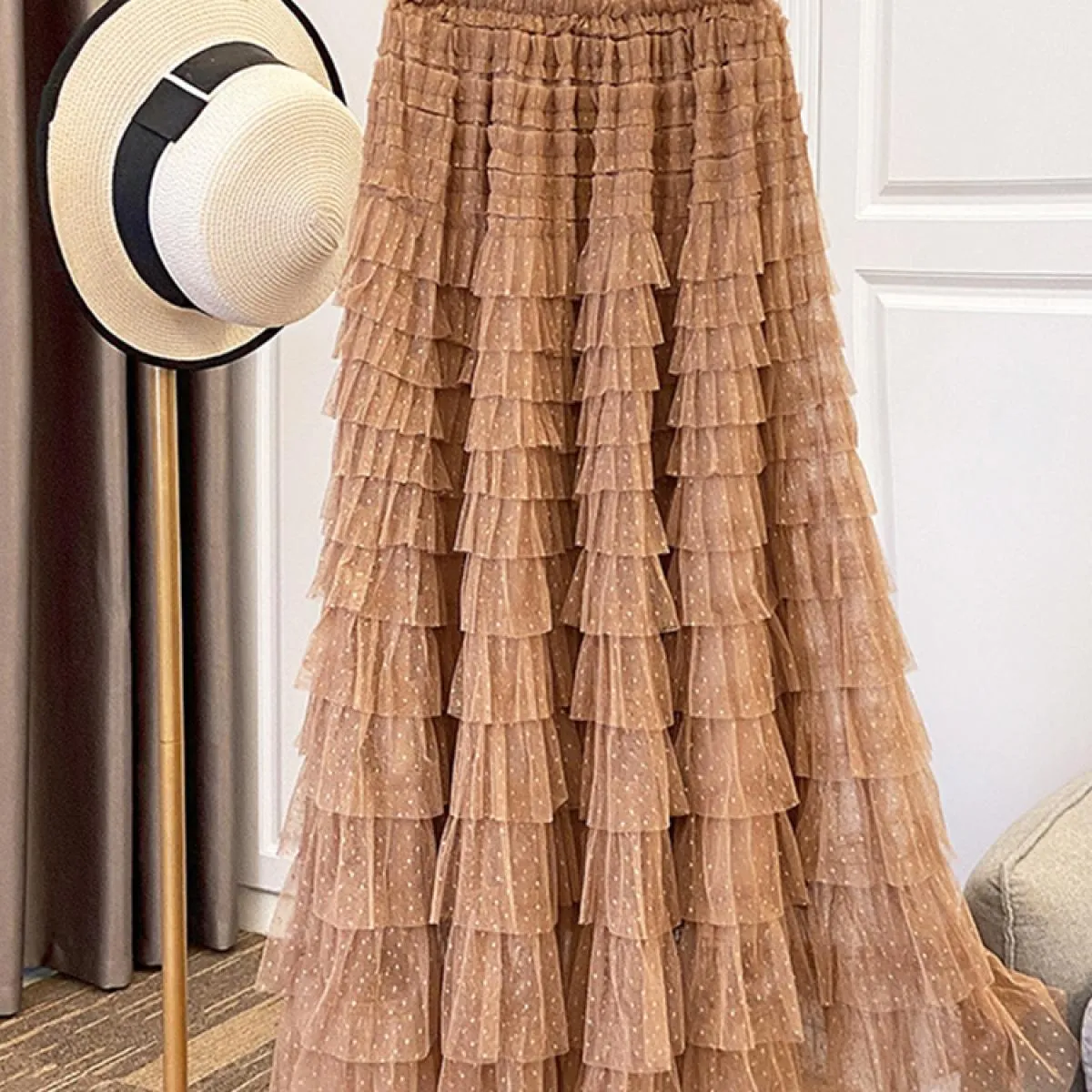 Gonne lunghe da donna in tulle di pizzo dolce da donna Moda elastico in vita a strati con volant in maglia gonna a strati nera 2